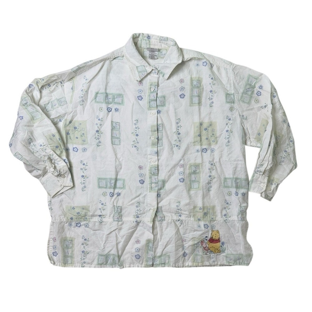 Disney Store Pooh & Friends Button-Up XL Womens Embroidered Linen Cotton Floral